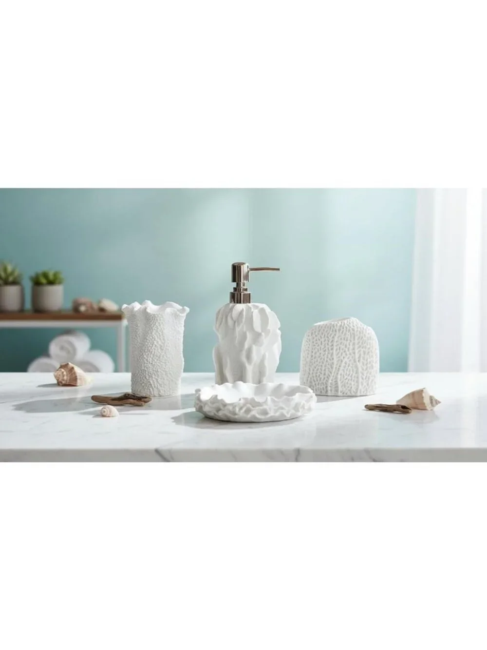 Coral Seashell Bathroom Accessories Set - 4 Pcs Resin Decor for Farmhouse Style